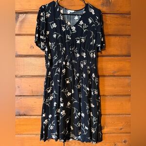 Floral V-Neck Black Midi Dress